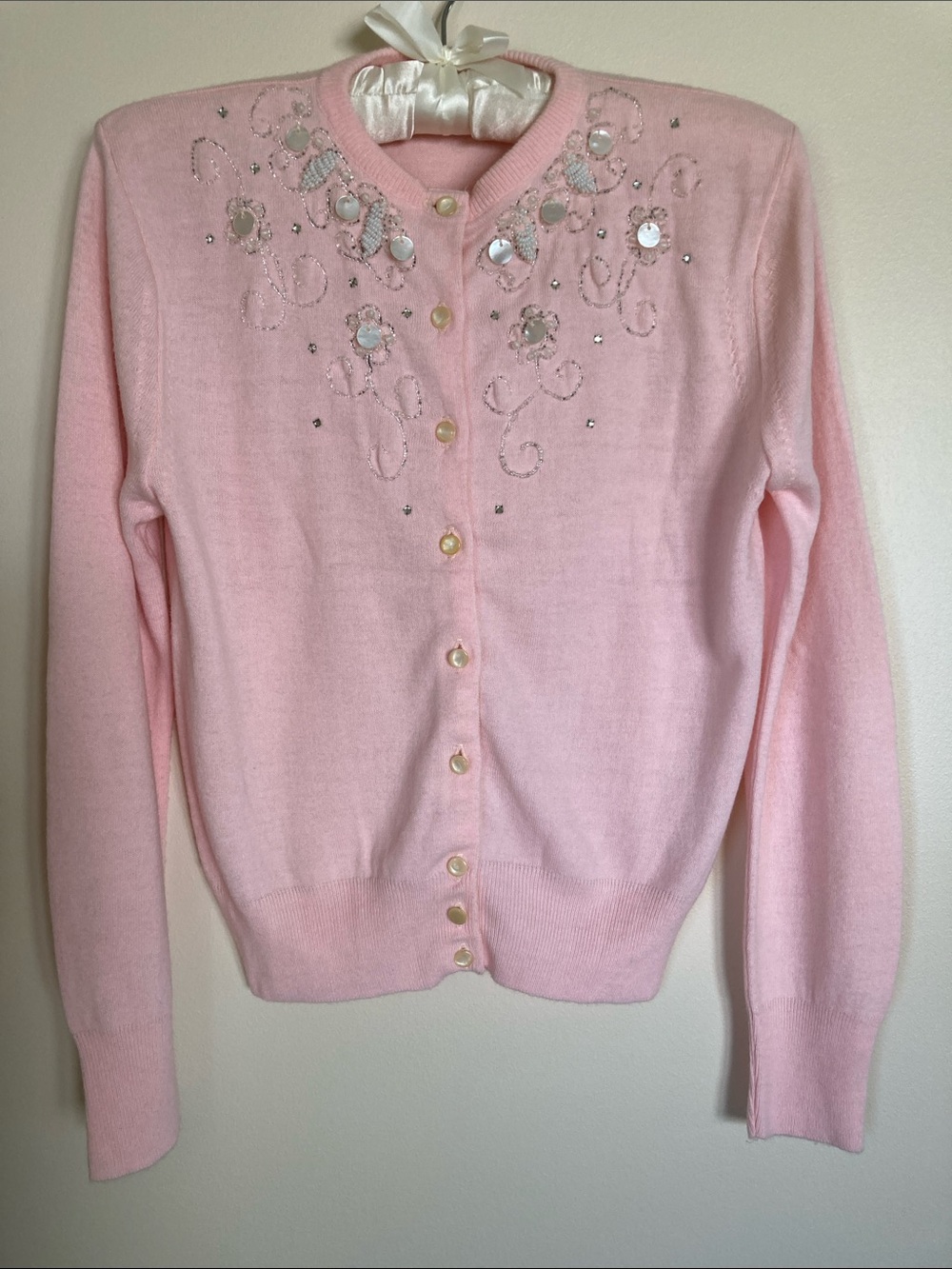 Vintage 1950s Pink Beaded Sweater S